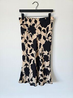 ANGE Black Tan Leaf Print Straight & Flare Long Lined Skirt 2, Made in France